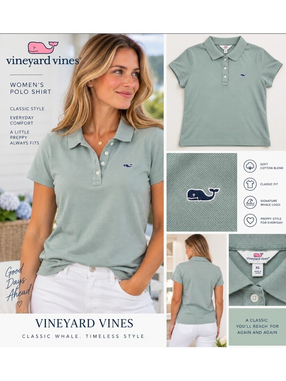 Vineyard Vines Women’s XL Gray Classic Whale Logo Stretch Cotton Polo Shirt